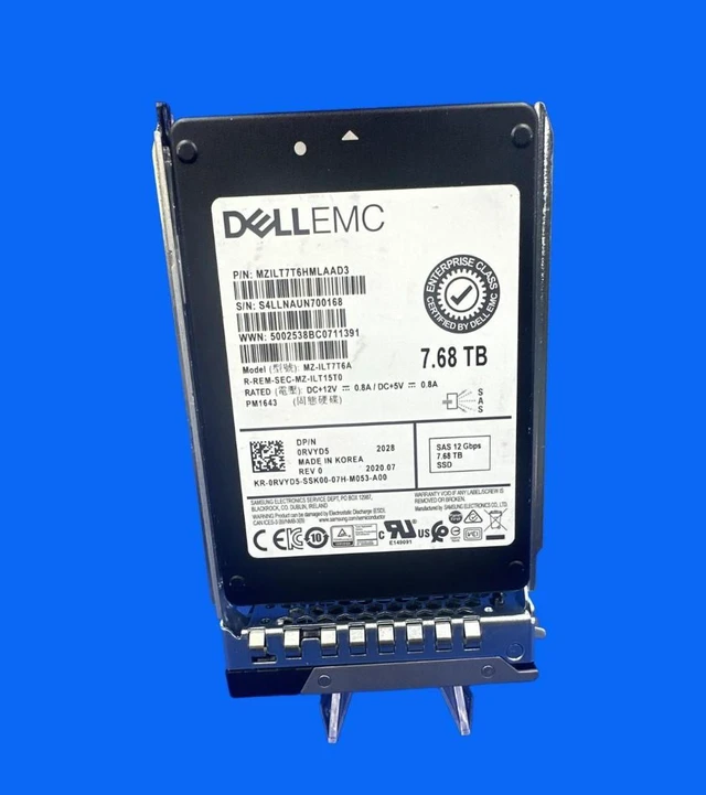 Main image of (NOT FOR HOME PC!) RVYD5 Dell 7.68TB 12Gbps SAS Read Intensive 2.5" SSD Samsung PM1643 MZ-ILT7T6A