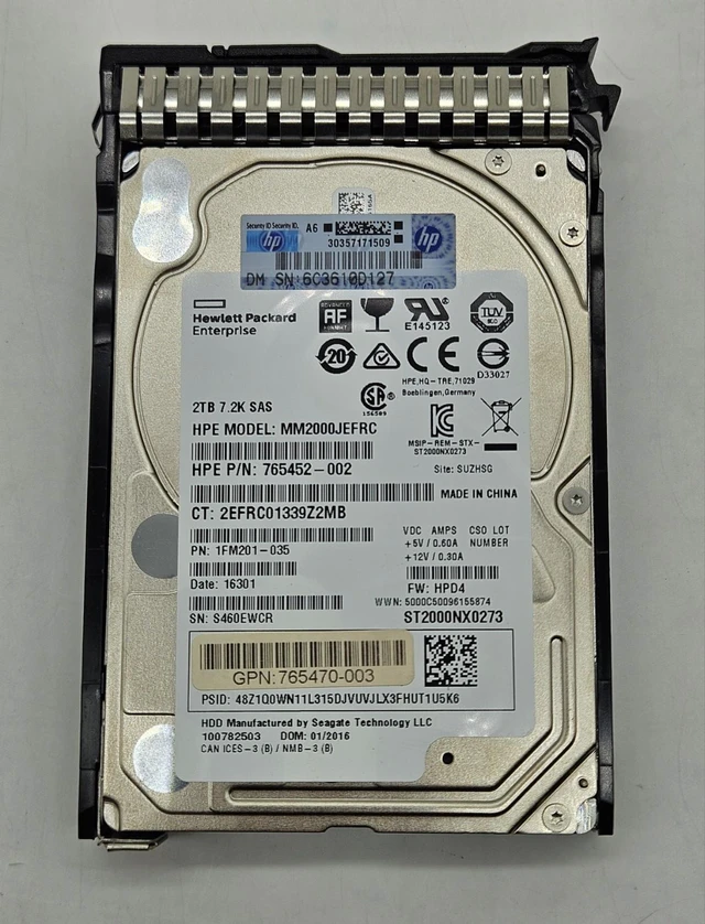 Alt view image 3 of 4 - (NOT FOR HOME PC!) HP 2TB 7200RPM SAS 12Gbps (512e) 2.5" Hard Drive w/Caddy 765873-001