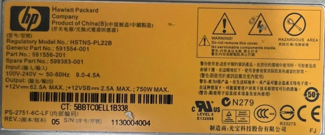 Alt view image 4 of 5 - HP 750W Power Supply DPS-750UB B HSTNS-PD22B 599383-001 591556-101 5915554-001