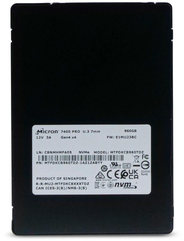 Alt view image 3 of 7 - Micron 7400 PRO 960GB MTFDKCB960TDZ PCIe Gen 4 x4 8GB/s 3D TLC U.3 NVMe 2.5" SSD