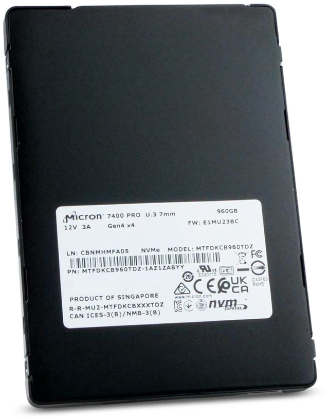 Alt view image 5 of 7 - Micron 7400 PRO 960GB MTFDKCB960TDZ PCIe Gen 4 x4 8GB/s 3D TLC U.3 NVMe 2.5" SSD