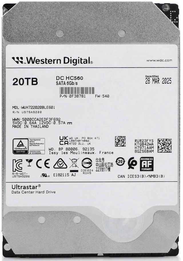 Alt view image 3 of 7 - WD DC HC560 20TB WUH722020BLE601 0F38781 7.2K RPM SATA 6Gb/s 512e 3.5" HDD