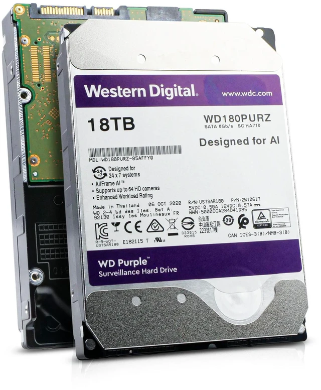 Main image of WD Purple 18TB WD180PURZ 85AFFY0 7.2K RPM SATA 6Gb/s 512e 3.5" Surveillance HDD