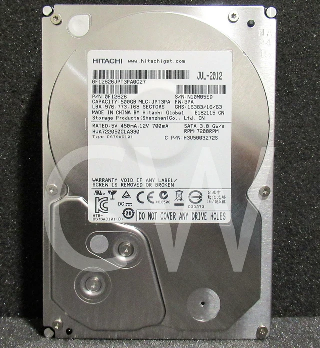 Main image of HUA722050CLA330 0F12626 HITACHI 500GB 7.2K RPM 3Gb/s 3.5" SATA HDD Hard Drive