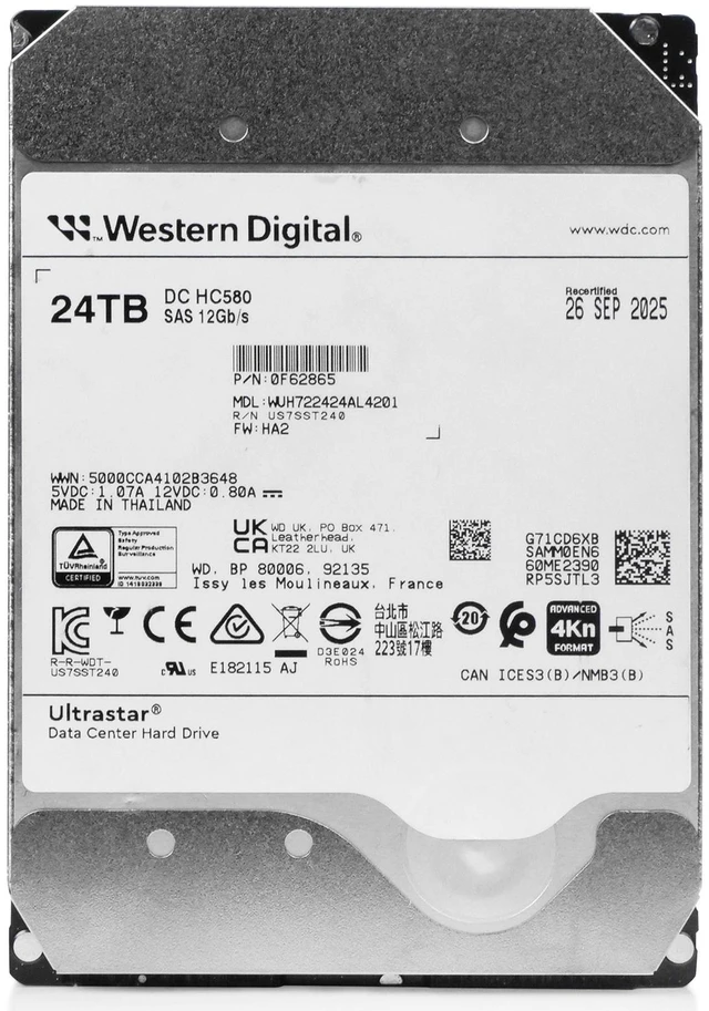 Alt view image 4 of 7 - (NOT FOR HOME PC!) WD DC HC580 24TB WUH722424AL4201 0F62865 7.2K RPM SAS 12Gb/s 4Kn 3.5" HDD