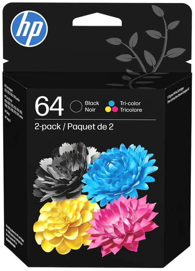 Main image of HP 64 2-pack Black/Tri-color Original Ink Cartridges, X4D92AN#140