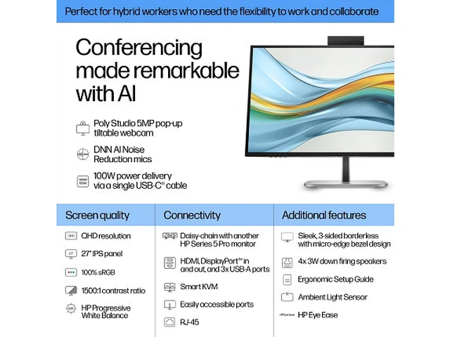 Alt view image 7 of 7 - HP Series 5 Pro 27 inch QHD USB-C Conferencing Monitor - 527pm 27" QHD (2560 x