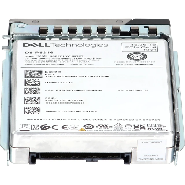 Alt view image 4 of 5 - 1ND16-CD1 Dell 15.36TB Enterprise NVMe Gen4 RI QLC 2.5 SSD D5-P5316