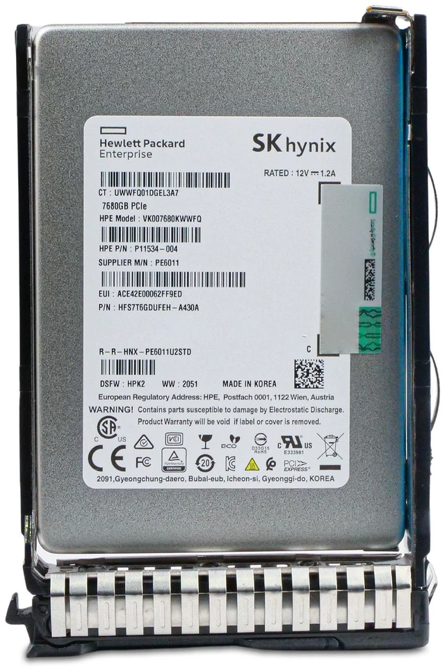Alt view image 4 of 7 - HP Gen 8 7.68TB VK007680KWWFQ P11534-004 PCIe Gen3.0 x4 4GB/s U.2 NVMe 2.5" SSD
