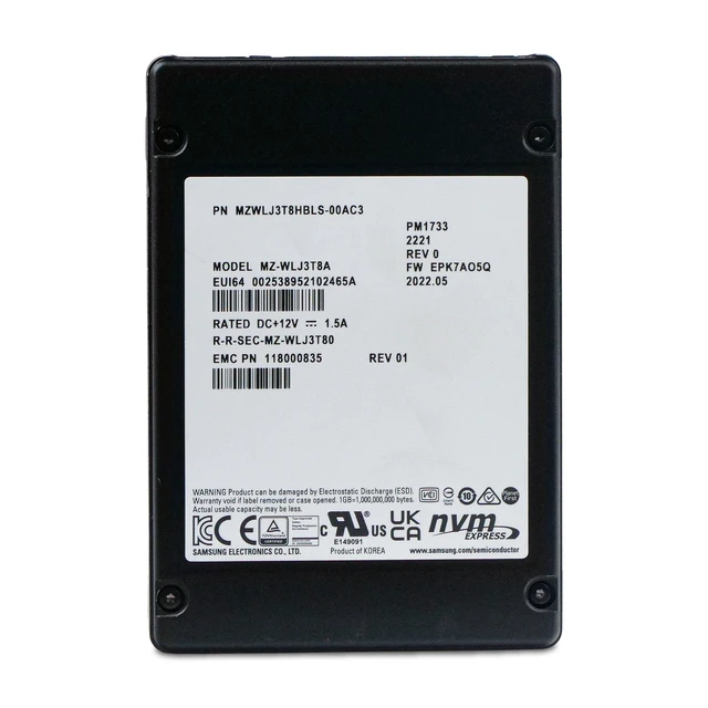 Alt view image 4 of 7 - Samsung PM1733 3.84 MZWLJ3T8HBLS PCIe Gen 4.0 x4 8GB/s 3D TLC U.2 NVMe 2.5" SSD