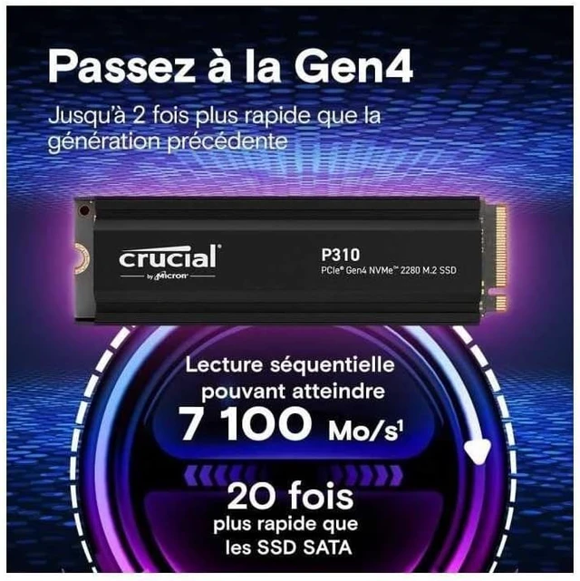 Alt view image 2 of 6 - Crucial P310 1TB PCIe Gen4 NVMe M.2 2280 SSD Heatsink Gaming CT1000P310SSD5-01