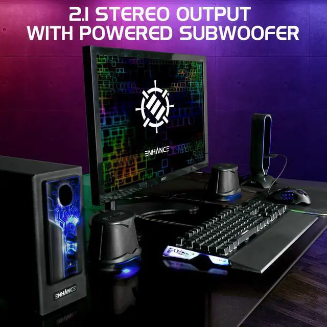 Alt view image 5 of 7 - 2.1 High Excursion Computer Speakers with Subwoofer - Blue LED Gaming Speakers