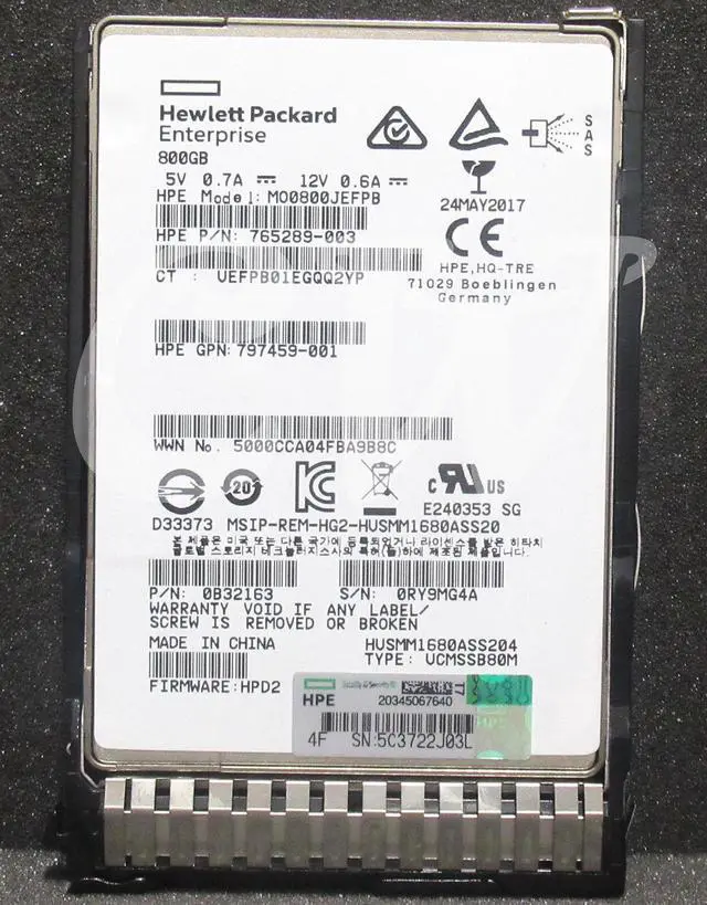 Main image of (NOT FOR HOME PC!) 780434-001 765289-003 HPE 800GB MLC 12G 2.5in SAS Solid State Drive (SSD)