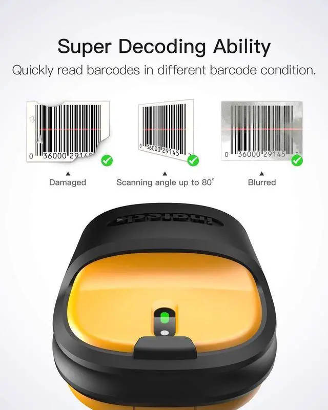 Alt view image 7 of 7 - Inateck 1D Wireless Barcode Scanner Reader With Charging Base P6_yellow+BS04001