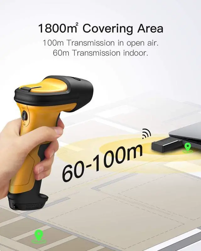 Alt view image 6 of 7 - Inateck 1D Wireless Barcode Scanner Reader With Charging Base P6_yellow+BS04001