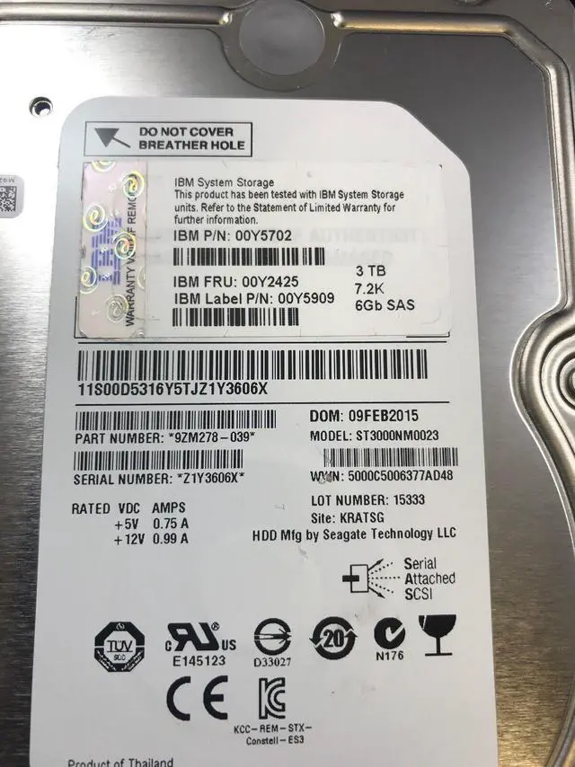 Alt view image 3 of 4 - (NOT FOR HOME PC!) IBM 3TB 3.5" Hard Drive 00Y2425 7200 RPM SAS 6Gbps