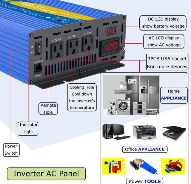 Alt view image 5 of 7 - Solinba 2000w Car Power Inverter Converter Peak 4000w Converter DC24v to AC110v 60Hz