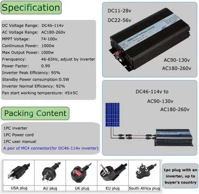 Alt view image 5 of 5 - Solinba 1000w on grid tie pure sine wave power inverter DC46-114v to AC 90-130v, 46-65Hz, USA plug, black color