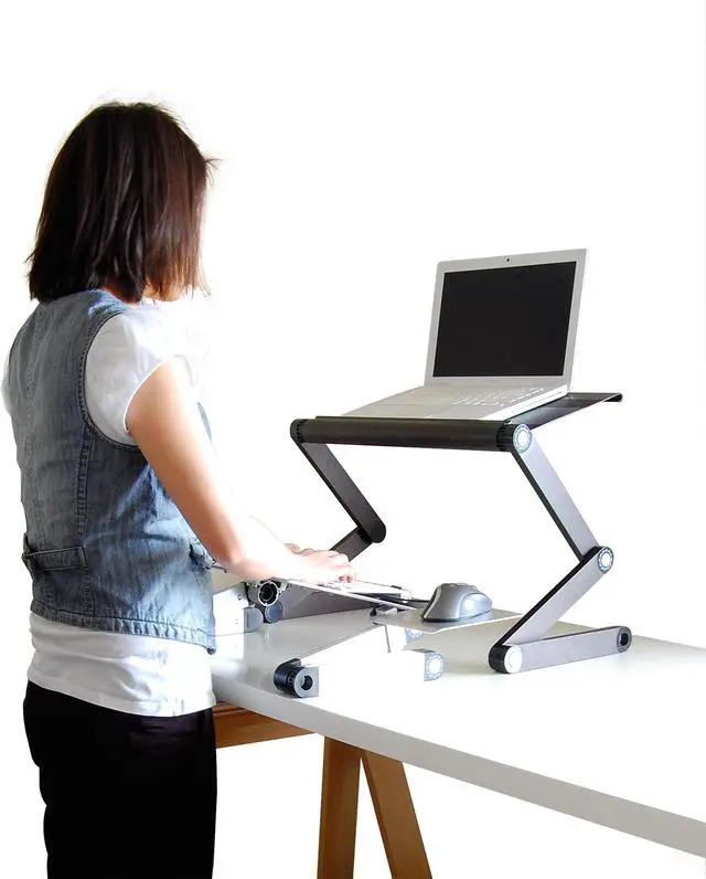 Alt view image 6 of 7 - WorkEZ Standing Desk Converter for Laptops ergonomic adjustable height sit to stand up desktop stand riser topper small lightweight portable aluminum computer macbook negative tilt keyboard tray,black