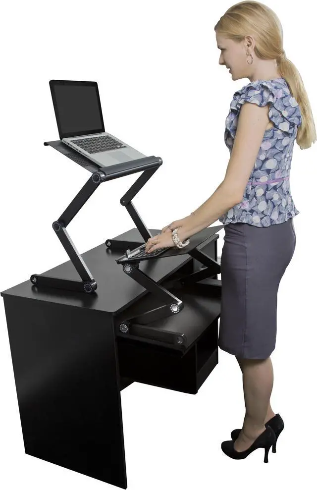 Alt view image 7 of 7 - WorkEZ Standing Desk Converter for Laptops ergonomic adjustable height sit to stand up desktop stand riser topper small lightweight portable aluminum computer macbook negative tilt keyboard tray,black