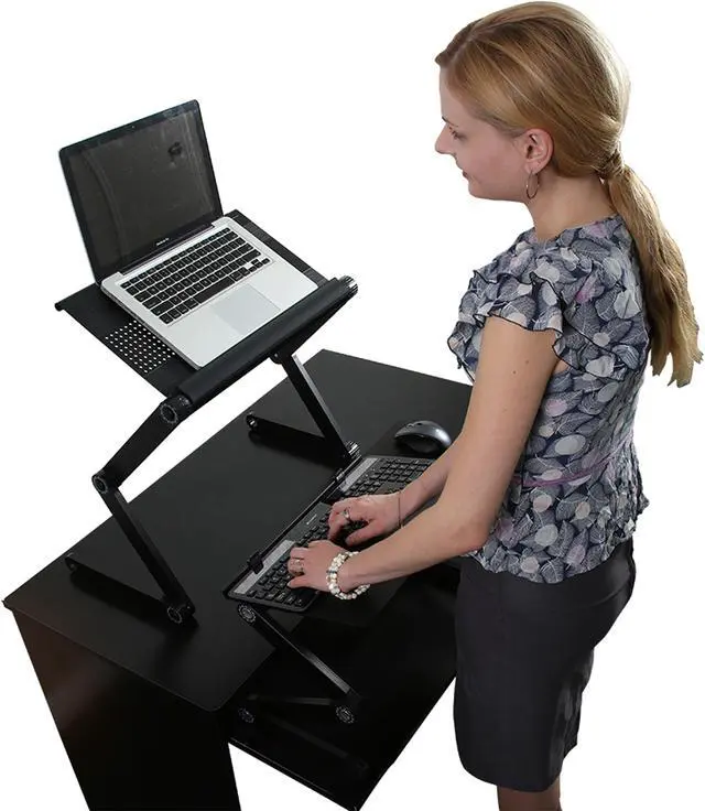Alt view image 5 of 7 - WorkEZ Standing Desk Converter for Laptops ergonomic adjustable height sit to stand up desktop stand riser topper small lightweight portable aluminum computer macbook negative tilt keyboard tray,black