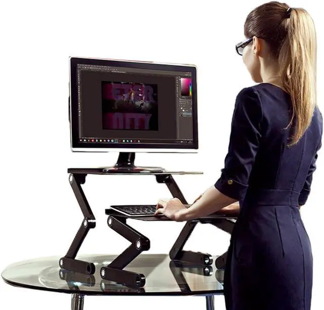 Alt view image 4 of 7 - WorkEZ Standing Desk Converter for Laptops ergonomic adjustable height sit to stand up desktop stand riser topper small lightweight portable aluminum computer macbook negative tilt keyboard tray,black