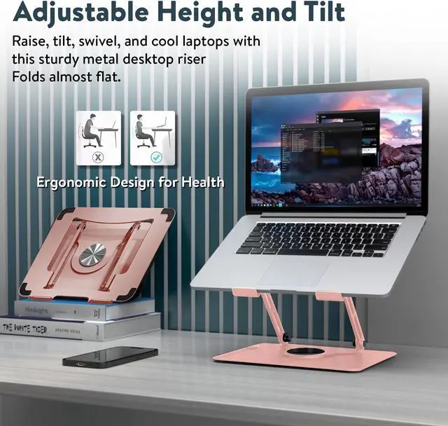 Alt view image 6 of 6 - Swivel Laptop Stand for Desk – Adjustable Laptop Stand for Desk 360 Rotation – Raise, tilt, Rotate, Cool laptops with This Ergonomic Laptop Riser for Desk ipad Stand Laptop Cooling pad (Rose Gold)