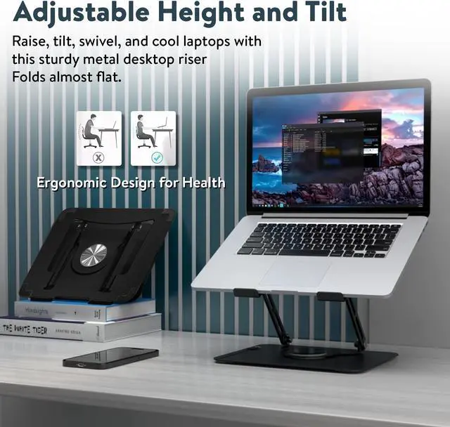 Alt view image 7 of 7 - Swivel Laptop Stand for Desk – Adjustable Laptop Stand for Desk 360 Rotation – Raise, tilt, Rotate, Cool laptops with This Ergonomic Laptop Riser for Desk ipad Stand Laptop Cooling pad (Black)