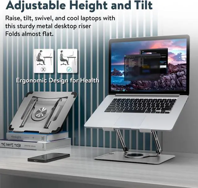Alt view image 6 of 7 - Swivel Laptop Stand for Desk – Adjustable Laptop Stand for Desk 360 Rotation – Raise, tilt, Rotate, Cool laptops with This Ergonomic Laptop Riser for Desk ipad Stand Laptop Cooling pad (Silver)