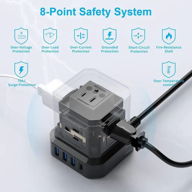 Alt view image 7 of 7 - Cube Power Strips with Surge Protection, 10ft Extension Cord with Multiple Outlets, 5 AC Plugs + 3 USB + 1 USB-C Fast Charging Power Strip with USB Ports, Mountable On/Off Switch Charging Station