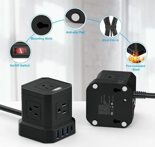 Alt view image 6 of 7 - Cube Power Strips with Surge Protection, 10ft Extension Cord with Multiple Outlets, 5 AC Plugs + 3 USB + 1 USB-C Fast Charging Power Strip with USB Ports, Mountable On/Off Switch Charging Station