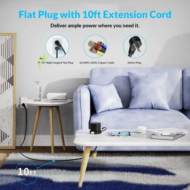 Alt view image 4 of 7 - Cube Power Strips with Surge Protection, 10ft Extension Cord with Multiple Outlets, 5 AC Plugs + 3 USB + 1 USB-C Fast Charging Power Strip with USB Ports, Mountable On/Off Switch Charging Station