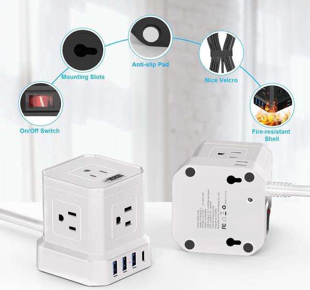 Alt view image 6 of 7 - Cube Power Strips with Surge Protection, 10ft Extension Cord with Multiple Outlets, 5 AC Plugs + 3 USB + 1 USB-C Fast Charging Power Strip with USB Ports, Mountable On/Off Switch Charging Station