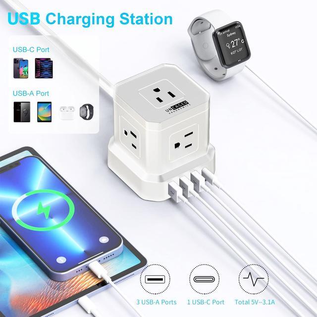 Alt view image 7 of 7 - Cube Power Strips with Surge Protection, 10ft Extension Cord with Multiple Outlets, 5 AC Plugs + 3 USB + 1 USB-C Fast Charging Power Strip with USB Ports, Mountable On/Off Switch Charging Station