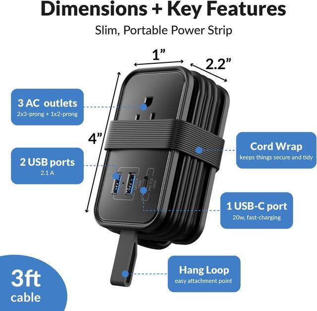 Alt view image 4 of 7 - Portable Travel Power Strip with USB Ports, 3ft Travel Extension Cord with Multiple Outlets, 3 AC Outlets + 2 USB + 1 Fast-Charging USB-C, No Surge Travel Power Strip for Cruise Ship Home Office Black