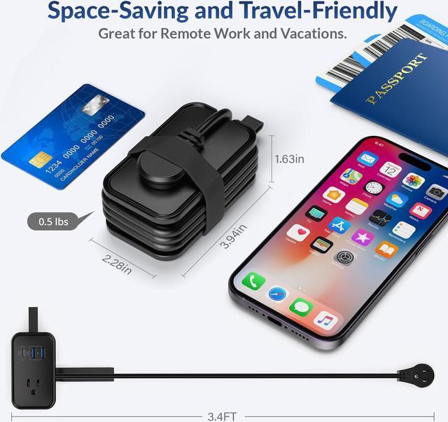 Alt view image 5 of 7 - Portable Travel Power Strip with USB Ports, 3ft Travel Extension Cord with Multiple Outlets, 3 AC Outlets + 2 USB + 1 Fast-Charging USB-C, No Surge Travel Power Strip for Cruise Ship Home Office Black