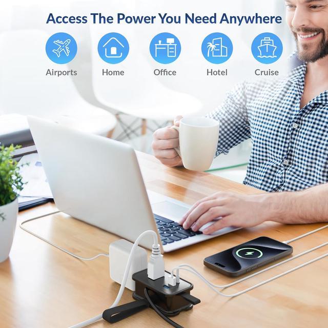 Alt view image 7 of 7 - Portable Travel Power Strip with USB Ports, 3ft Travel Extension Cord with Multiple Outlets, 3 AC Outlets + 2 USB + 1 Fast-Charging USB-C, No Surge Travel Power Strip for Cruise Ship Home Office Black