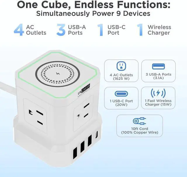 Alt view image 2 of 5 - Wireless Charger Cube Power Strip with USB Ports, Power Strips with Surge Protection, 10ft Extension Cord with Multiple Outlets, 4 AC Plugs + 3 USB + 1  USB-C Fast Charging, Mountable On/Off Switch