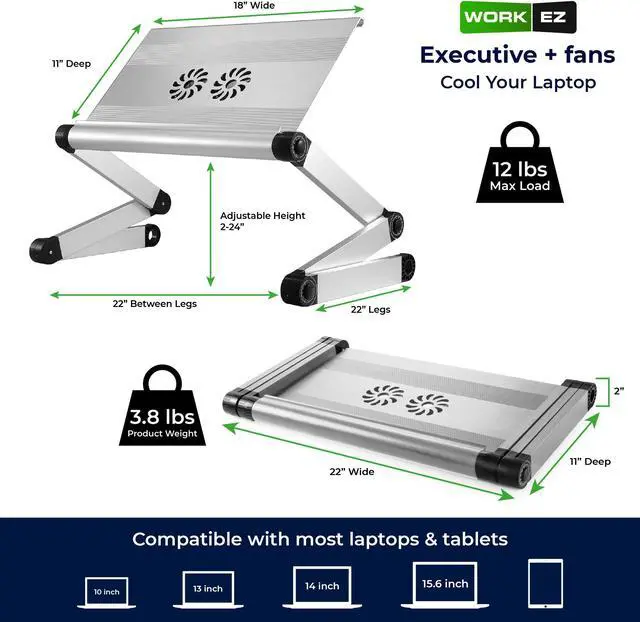 Alt view image 7 of 14 - WorkEZ Executive Laptop Cooling Stand Adjustable Laptop Desk for Bed foldable laptop stand with FAN USB Ports computer lap desk for laptop holder for bed laptop table ergonomic laptop stand for bed
