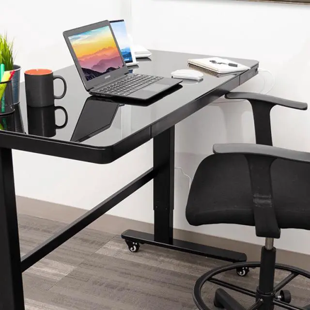 Alt view image 5 of 7 - Rise Up Glass Electric Standing Desk 23.7x 45.3 glass desktop adjustable height 27-46.3 sit stand-up ergonomic office computer workstation memory usb c charging ports outlets easy assembly black