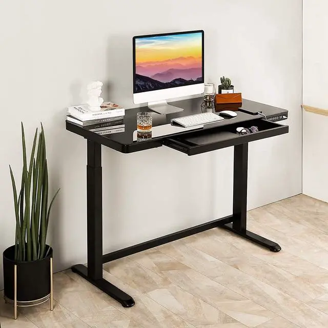 Alt view image 2 of 7 - Rise Up Glass Electric Standing Desk 23.7x 45.3 glass desktop adjustable height 27-46.3 sit stand-up ergonomic office computer workstation memory usb c charging ports outlets easy assembly black