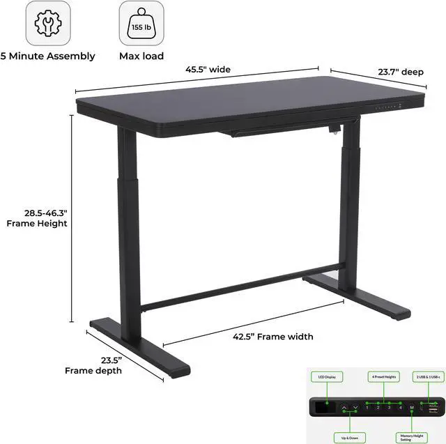Alt view image 4 of 7 - Rise Up Glass Electric Standing Desk 23.7x 45.3 glass desktop adjustable height 27-46.3 sit stand-up ergonomic office computer workstation memory usb c charging ports outlets easy assembly black