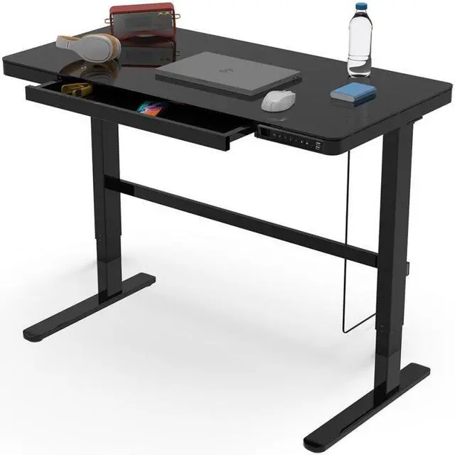 Main image of Rise Up Glass Electric Standing Desk 23.7x 45.3 glass desktop adjustable height 27-46.3 sit stand-up ergonomic office computer workstation memory usb c charging ports outlets easy assembly black
