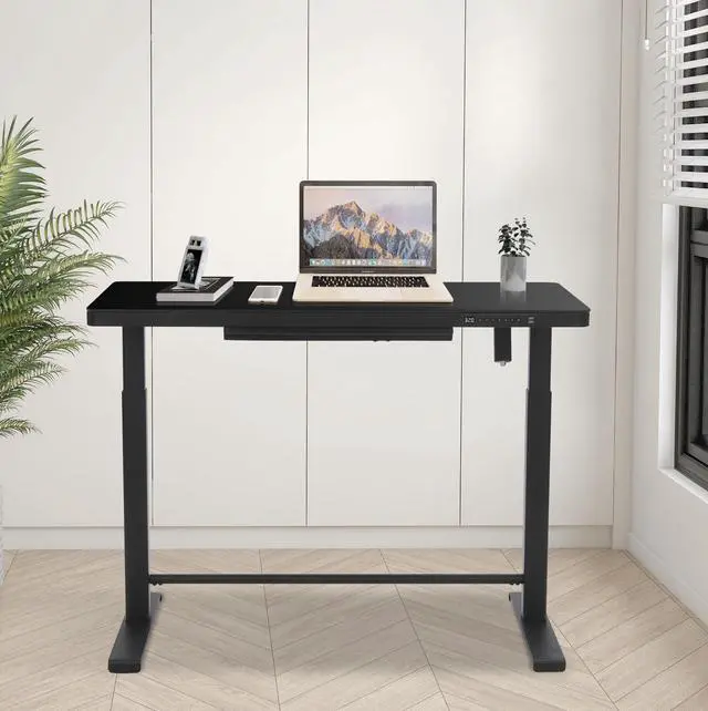 Alt view image 6 of 7 - Rise Up Glass Electric Standing Desk 23.7x 45.3 glass desktop adjustable height 27-46.3 sit stand-up ergonomic office computer workstation memory usb c charging ports outlets easy assembly black