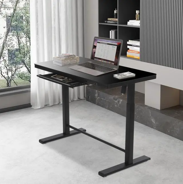 Alt view image 3 of 7 - Rise Up Glass Electric Standing Desk 23.7x 45.3 glass desktop adjustable height 27-46.3 sit stand-up ergonomic office computer workstation memory usb c charging ports outlets easy assembly black