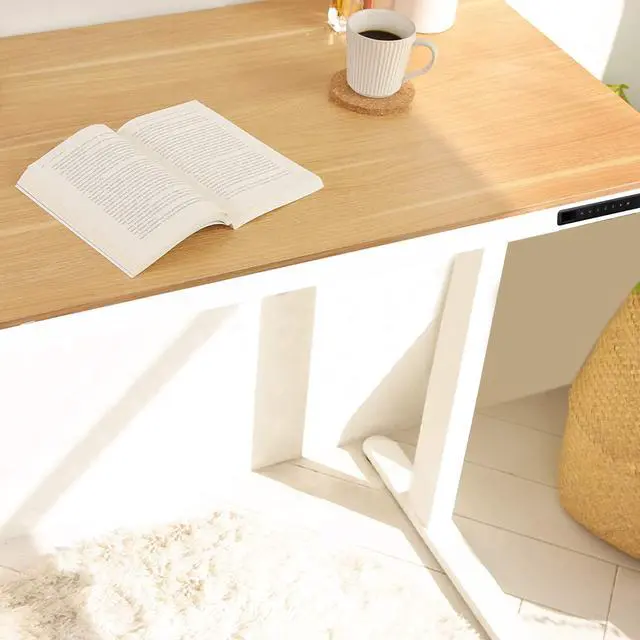 Alt view image 2 of 7 - RISE UP ESSENTIAL affordable electric standing desk adjustable height sit-stand-up ergonomic office computer table workstation memory 23.6x47.2 maple desktop 27-46 height range white frame