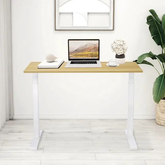 Alt view image 6 of 7 - RISE UP ESSENTIAL affordable electric standing desk adjustable height sit-stand-up ergonomic office computer table workstation memory 23.6x47.2 maple desktop 27-46 height range white frame