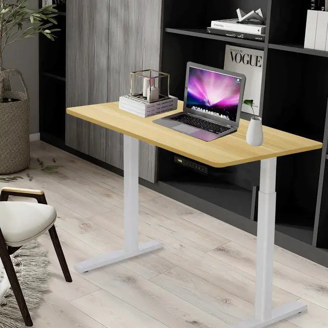 Alt view image 7 of 7 - RISE UP ESSENTIAL affordable electric standing desk adjustable height sit-stand-up ergonomic office computer table workstation memory 23.6x47.2 maple desktop 27-46 height range white frame