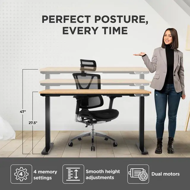 Alt view image 3 of 7 - Rise UP Electric Standing Desk adjustable height desk 27-47" dual motor one piece 48x30" bamboo desktop height adjustable desk adjustable standing desk stand up desk sit to stand desk rising desk
