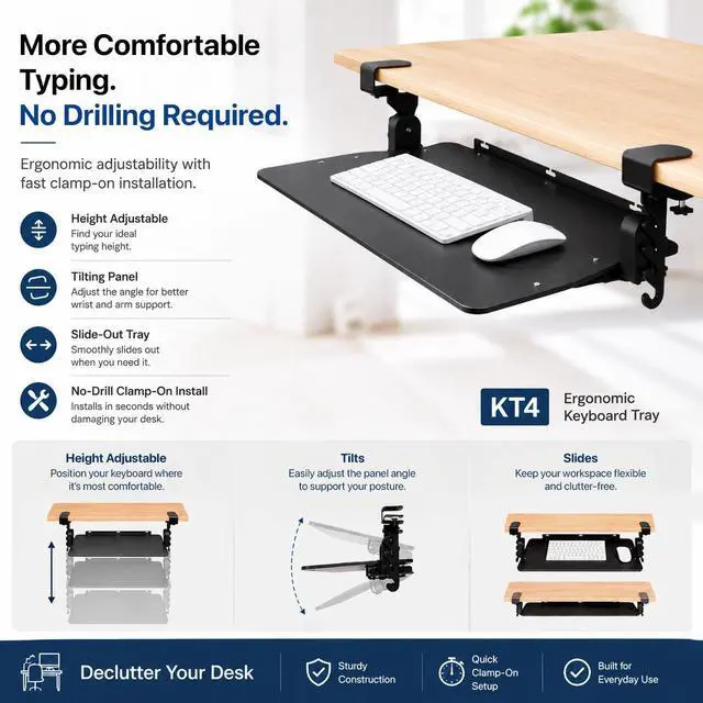 Alt view image 2 of 7 - Uncaged Ergonomics KT4 Clamp-On Keyboard Tray - No-Drill Height, Tilt & Slide Adjustment